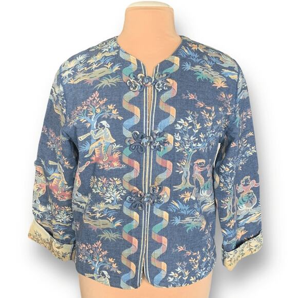 Vintage Doncaster Tapestry Jacket Blue Folk Art Pastoral Scene Blazer Size 10 - Picture 14 of 14